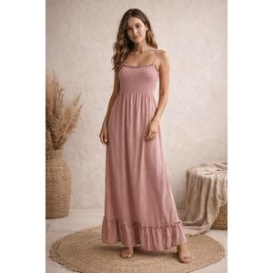 Camellia Smocked Maxi Dress Adjustable Straps Ruffle Hem Size M soft mauve pink